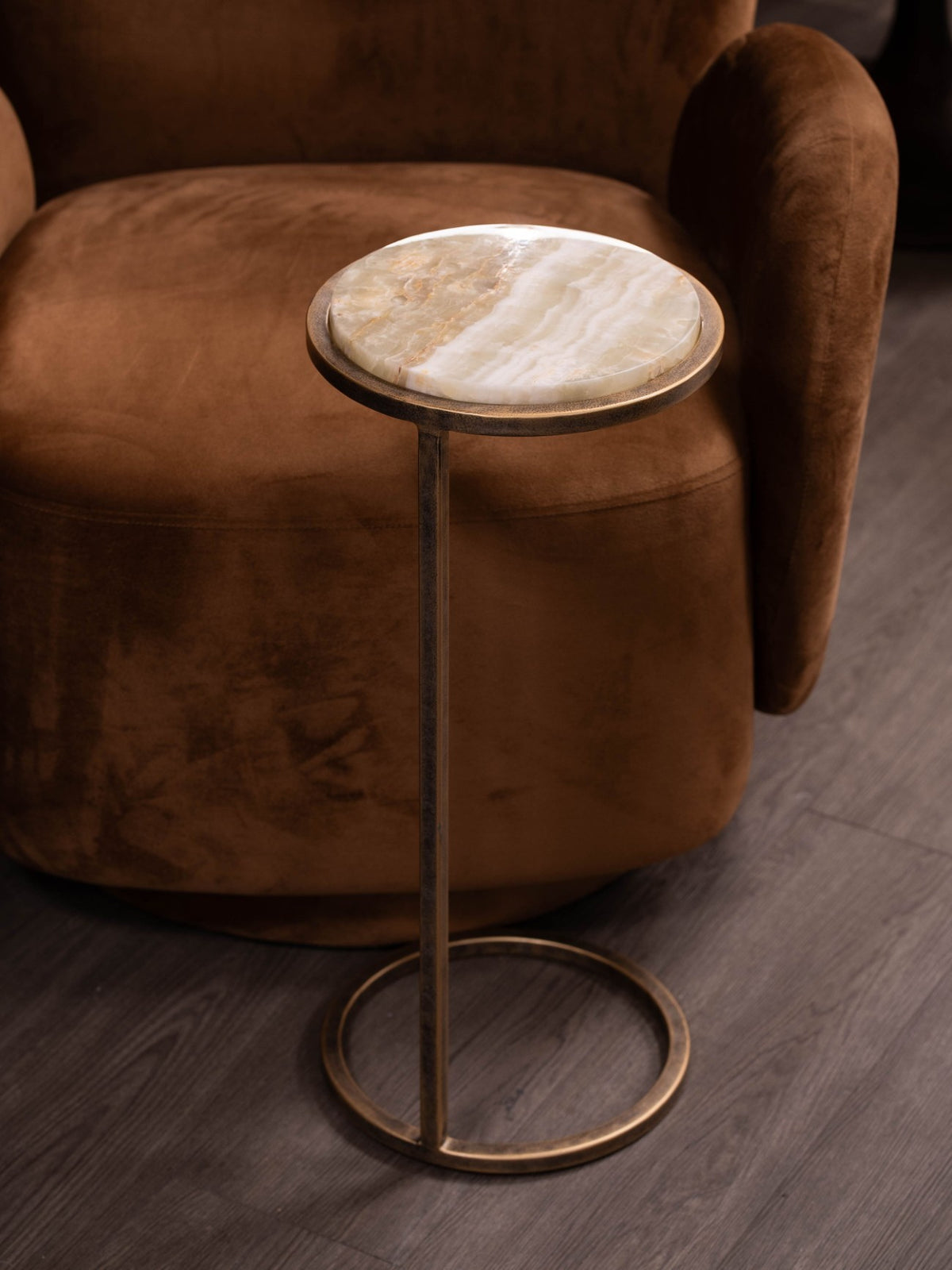 Iota Accent Table with Green Onyx and Aged Gold Frame