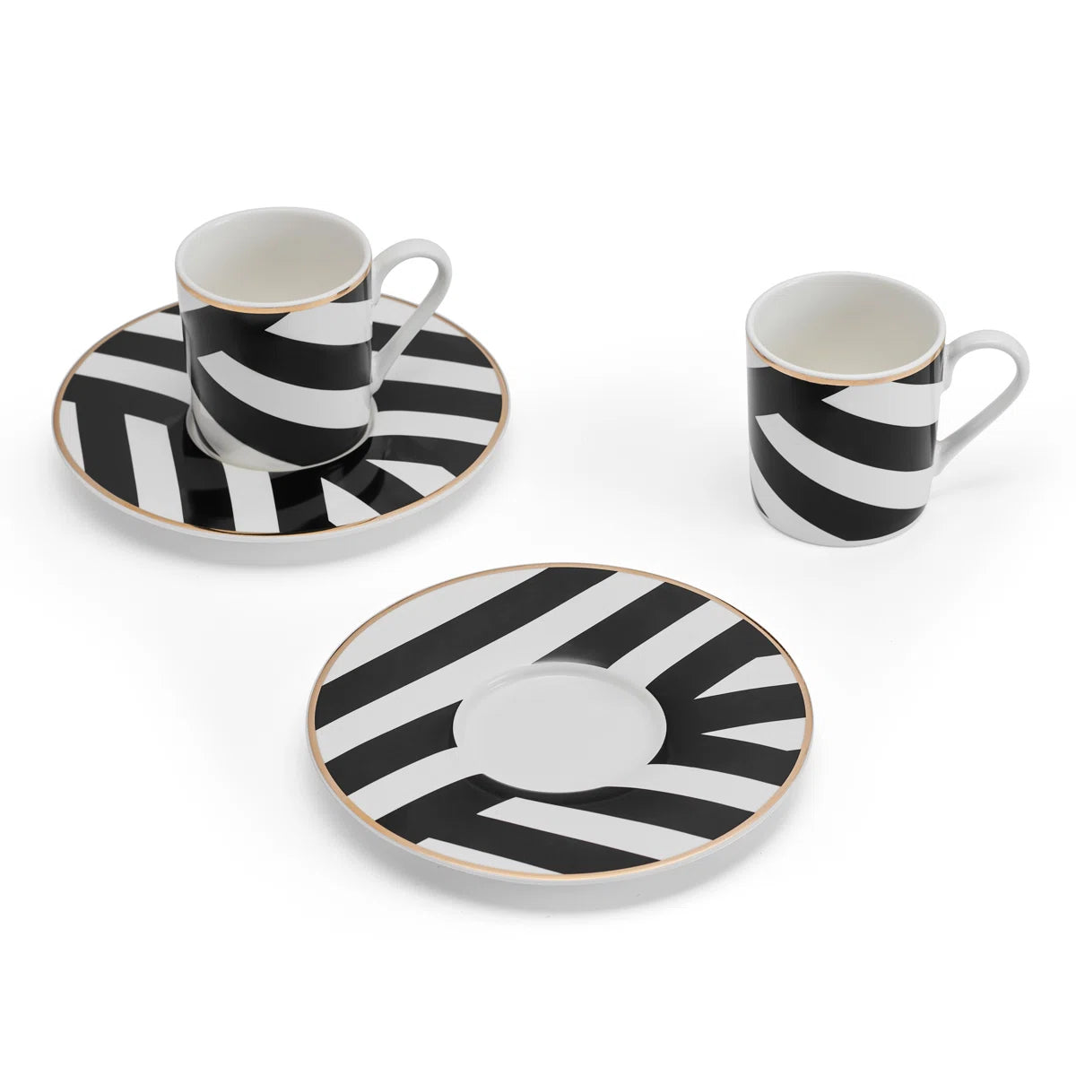 Luxe Deco China Espresso Cups and Saucers with Geometric Stripe - Set of 2
