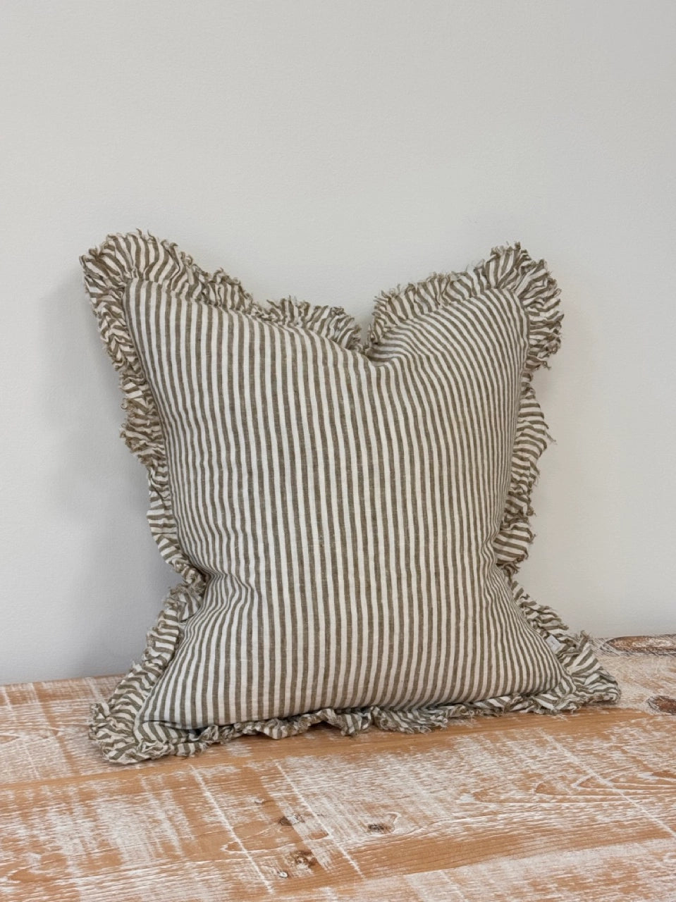 Ruffled Linen Olive Stripe Cushion 45x45