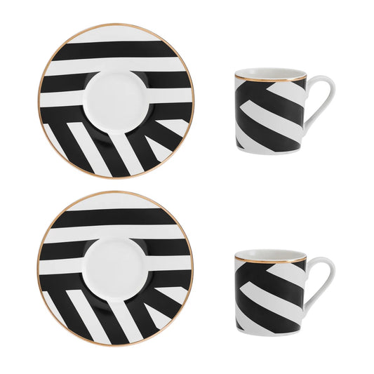 Luxe Deco China Espresso Cups and Saucers with Geometric Stripe - Set of 2