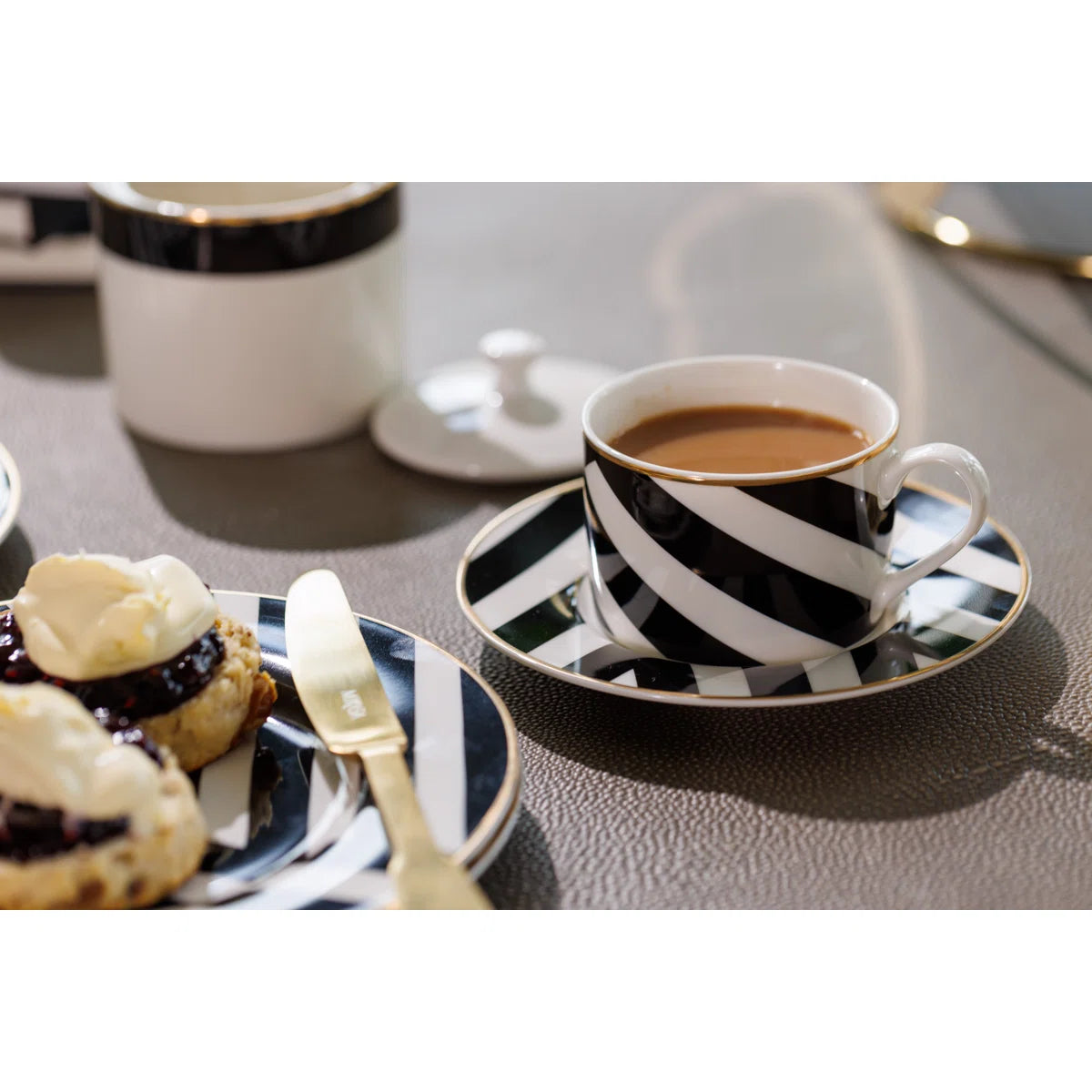 Luxe Deco China Tea Cups and Saucers with Geometric Stripe - Set of 2
