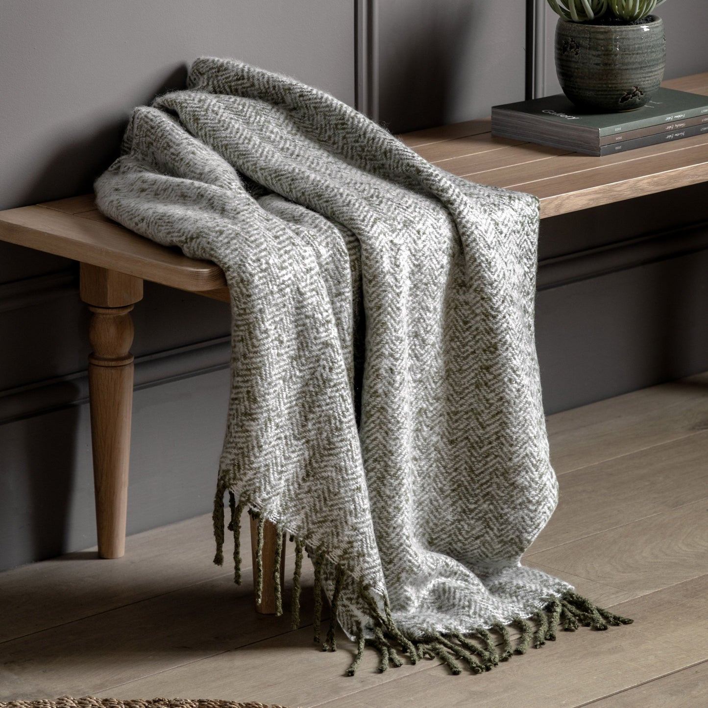 Herringbone Faux Mohair Throw - Olive