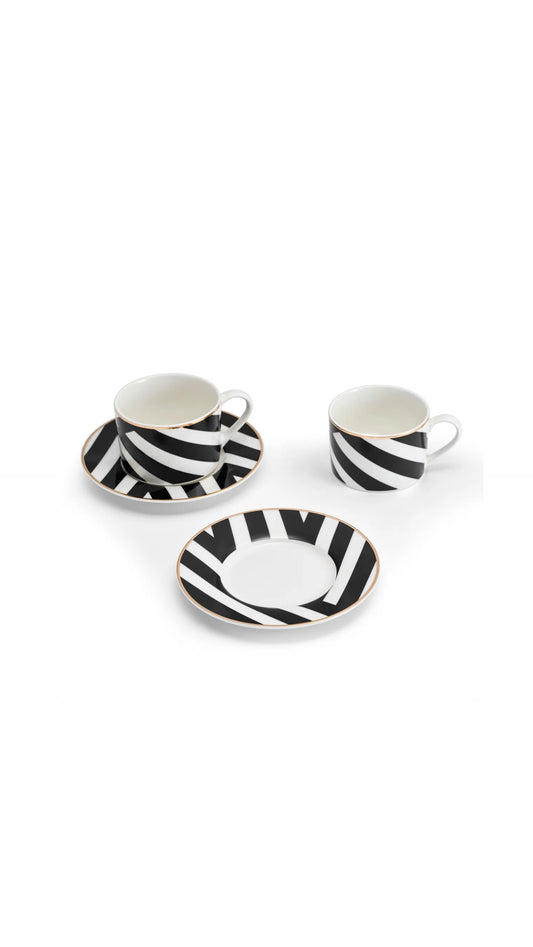Luxe Deco China Tea Cups and Saucers with Geometric Stripe - Set of 2