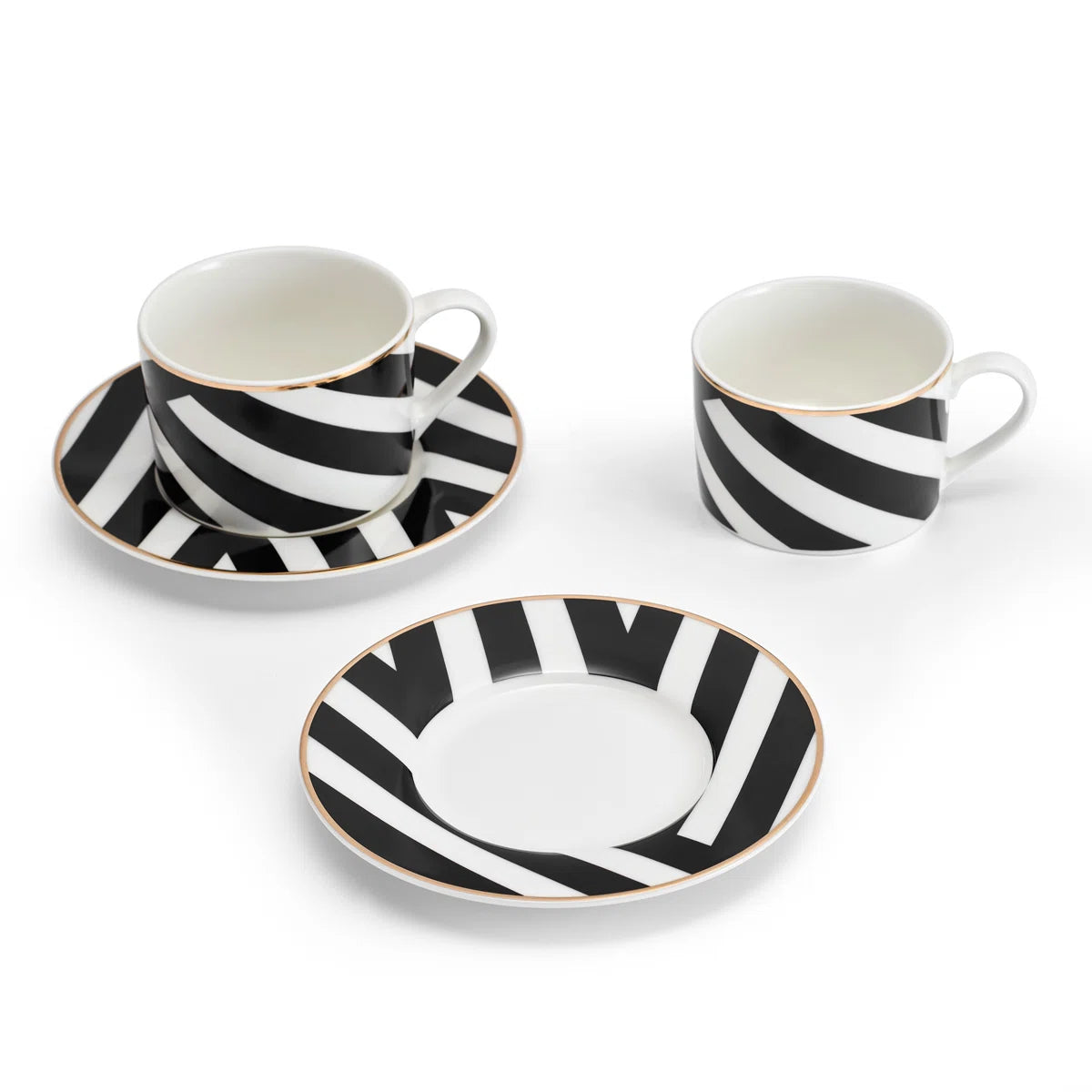 Luxe Deco China Tea Cups and Saucers with Geometric Stripe - Set of 2