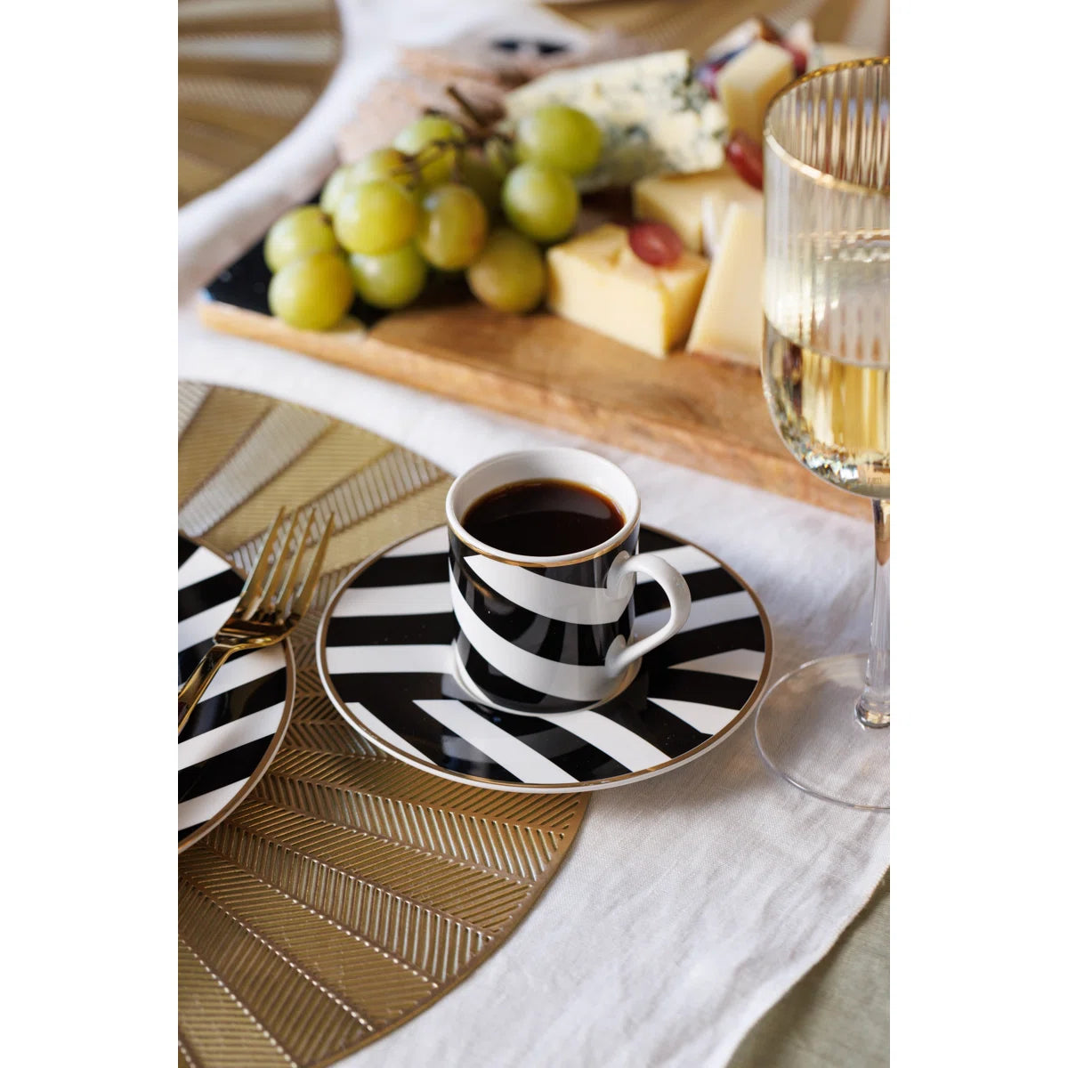 Luxe Deco China Espresso Cups and Saucers with Geometric Stripe - Set of 2