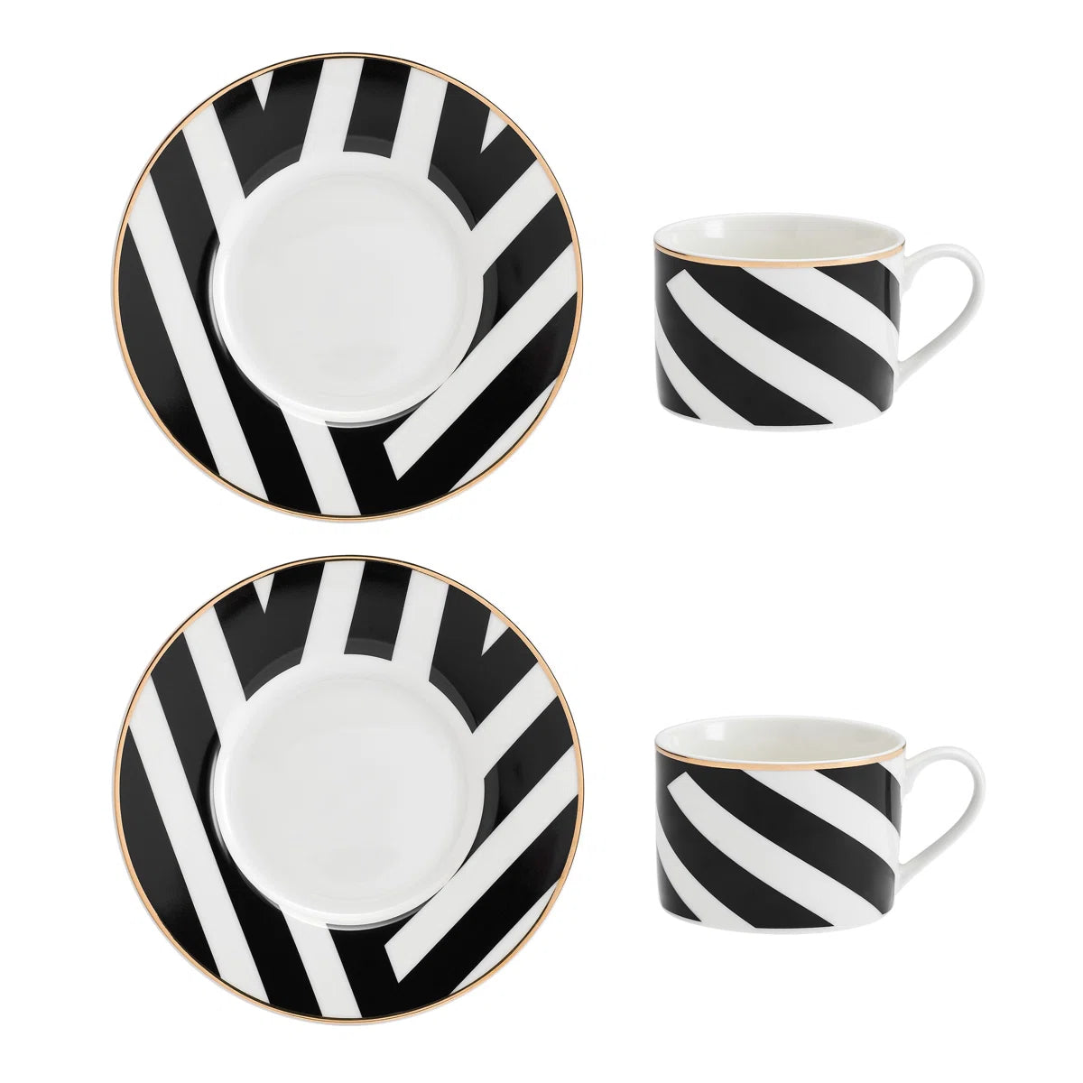 Luxe Deco China Tea Cups and Saucers with Geometric Stripe - Set of 2
