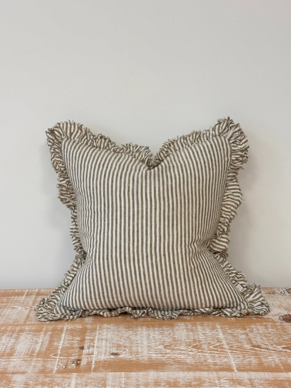 Ruffled Linen Olive Stripe Cushion 45x45
