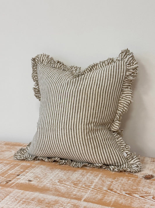 Ruffled Linen Olive Stripe Cushion 45x45